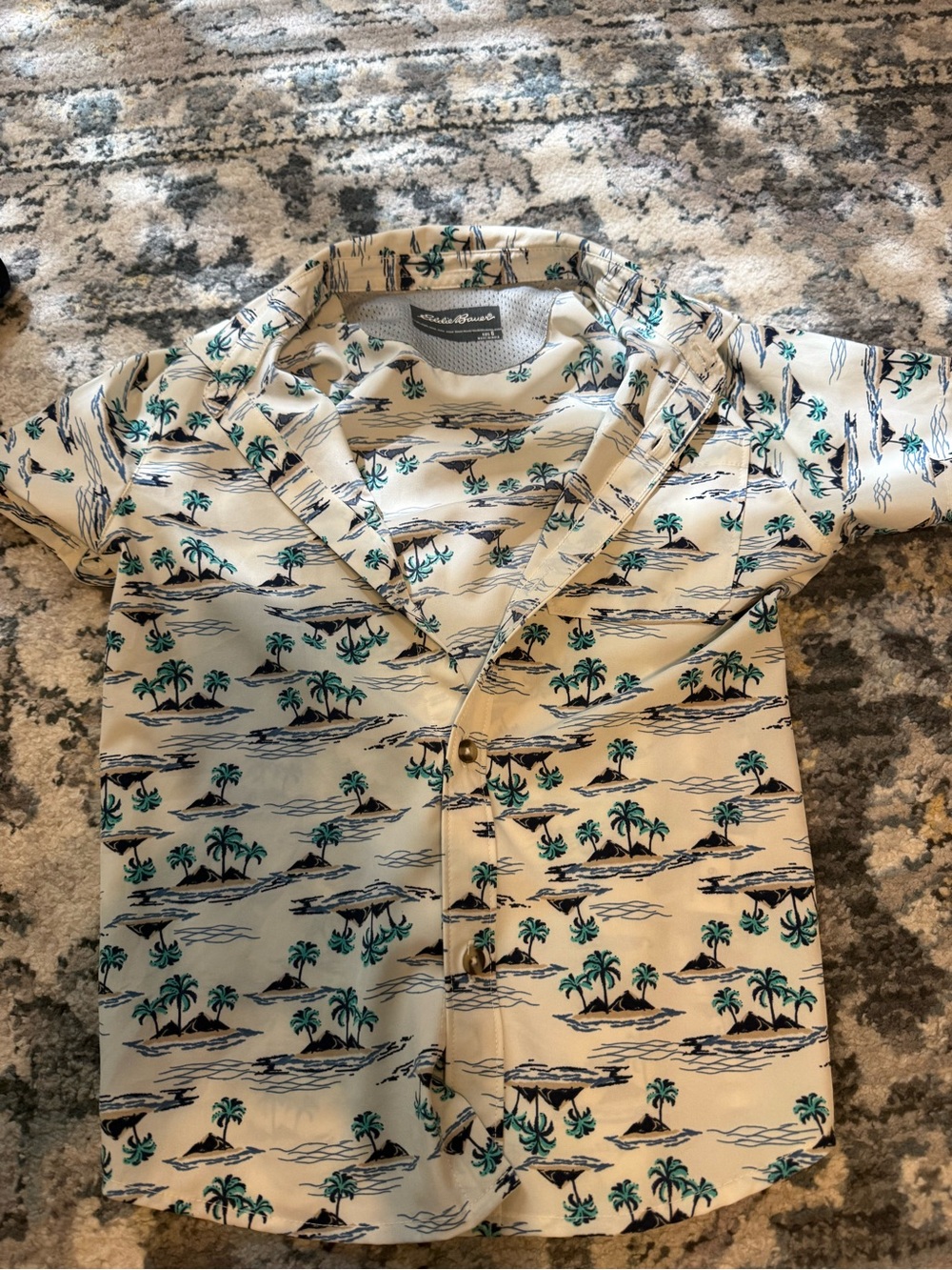 Eddie Bauer Cream Button-Down Shirt with Blue and Teal Tropical Print